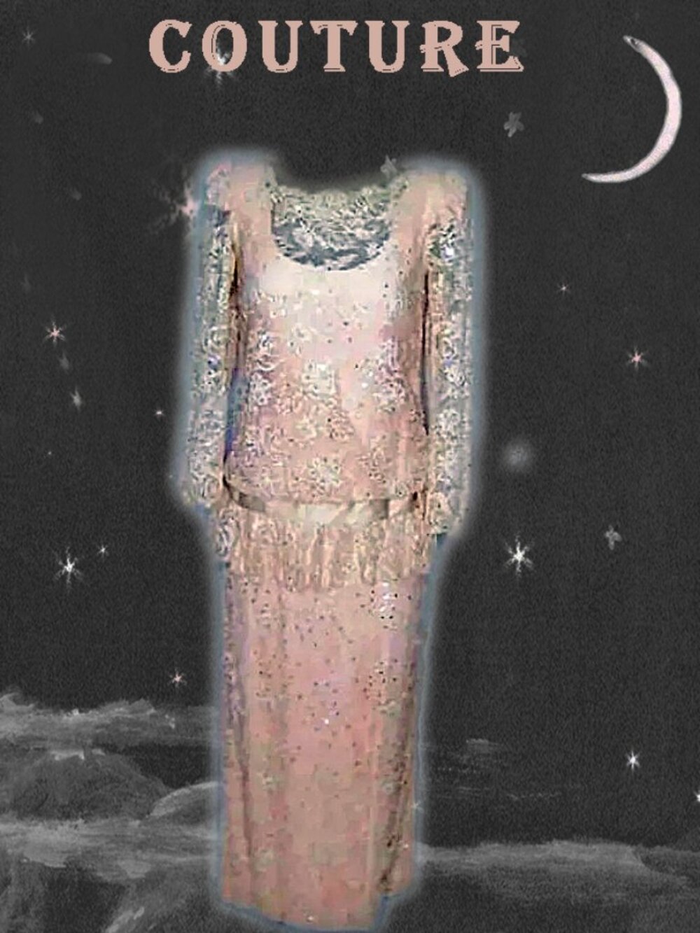 Pink Lace Gown Couture Designer Drop Waist with Rhinestones - Rose Taft 80s